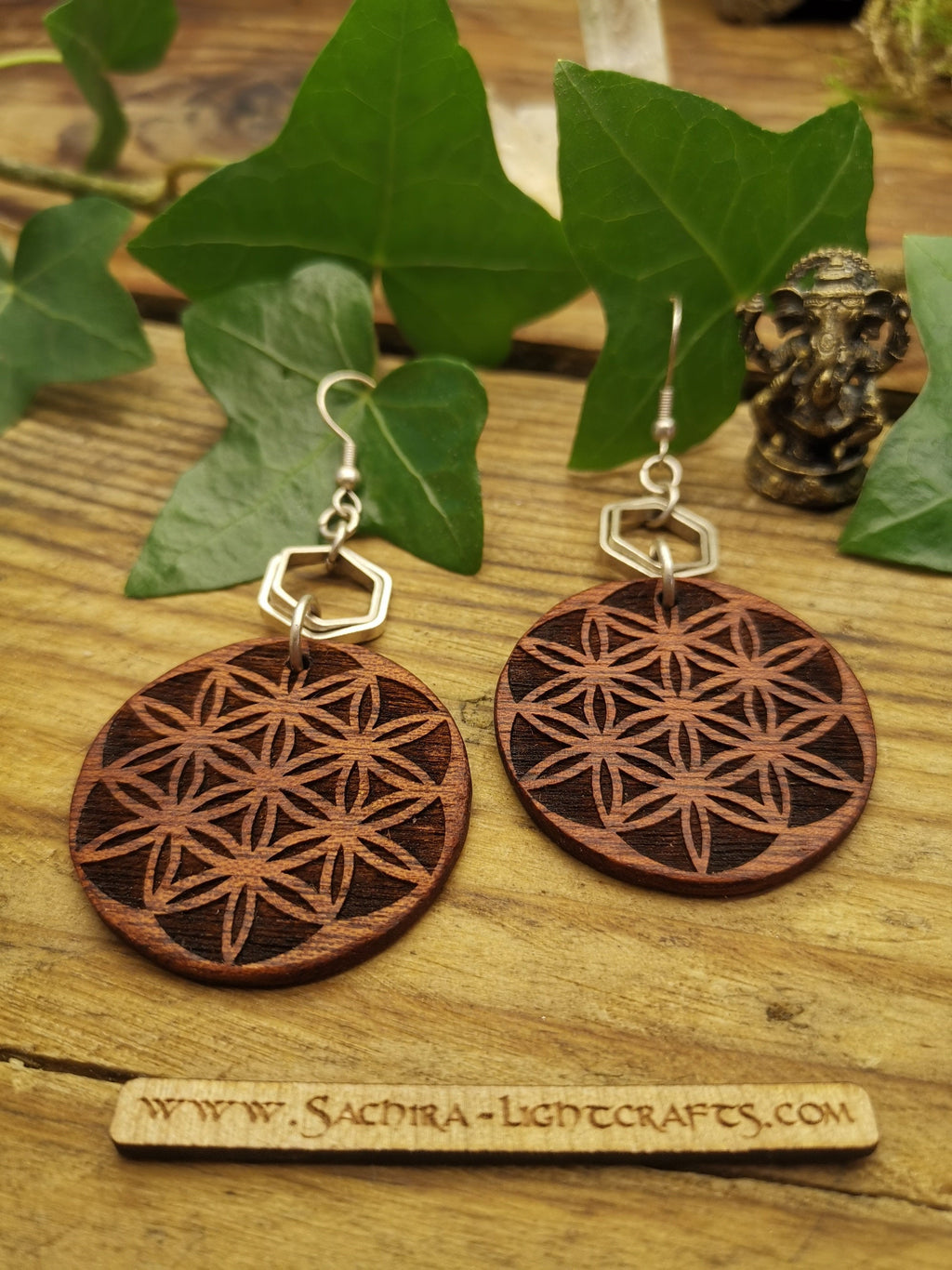 Mahagoni Holz Ohrringe mir großer Lebensblume ~*~ Hexagon Messing Lasercut hölzerner Schmuck, leichte Mandala Heilige Geometrie Muster